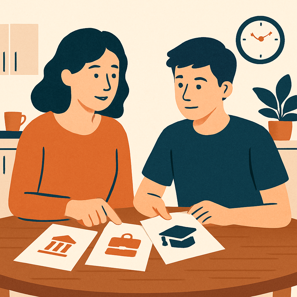 Illustration of a parent and teenager reviewing future options together