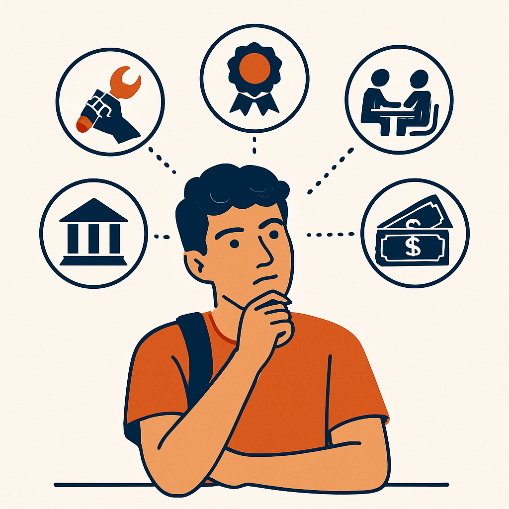 Illustration of a student mapping out multiple career options