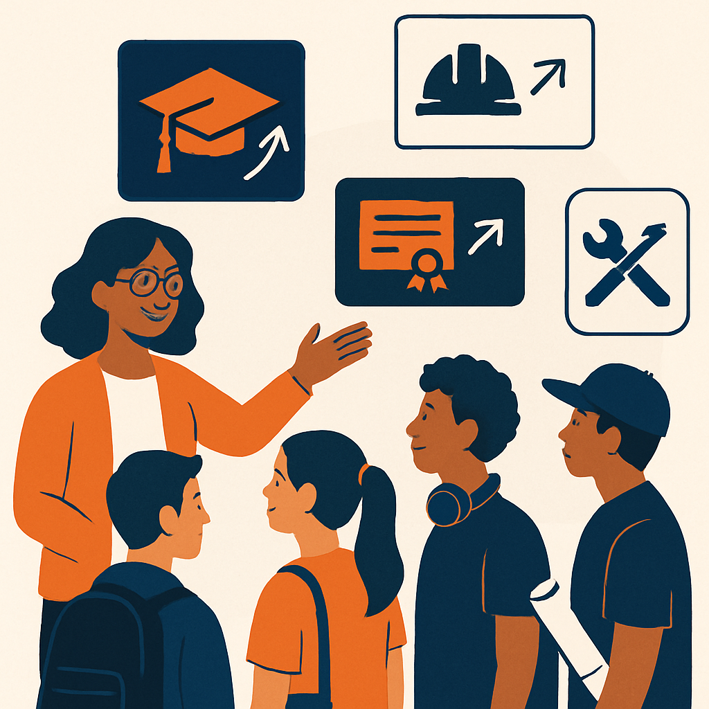 Illustration of a teacher helping students compare different career pathways